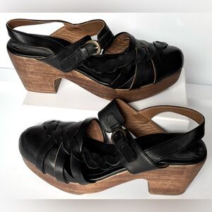 Rachel Comey Tuco Leather Slingback Wood Clog Sandals in Black & Brown Size 8.5